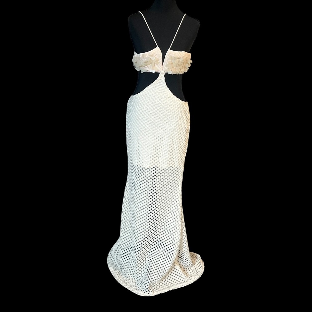 Ivory Crochet Mermaid Maxi Dress Cutout Open Knit‎ Boho Beach Resort Small - Picture 2 of 16